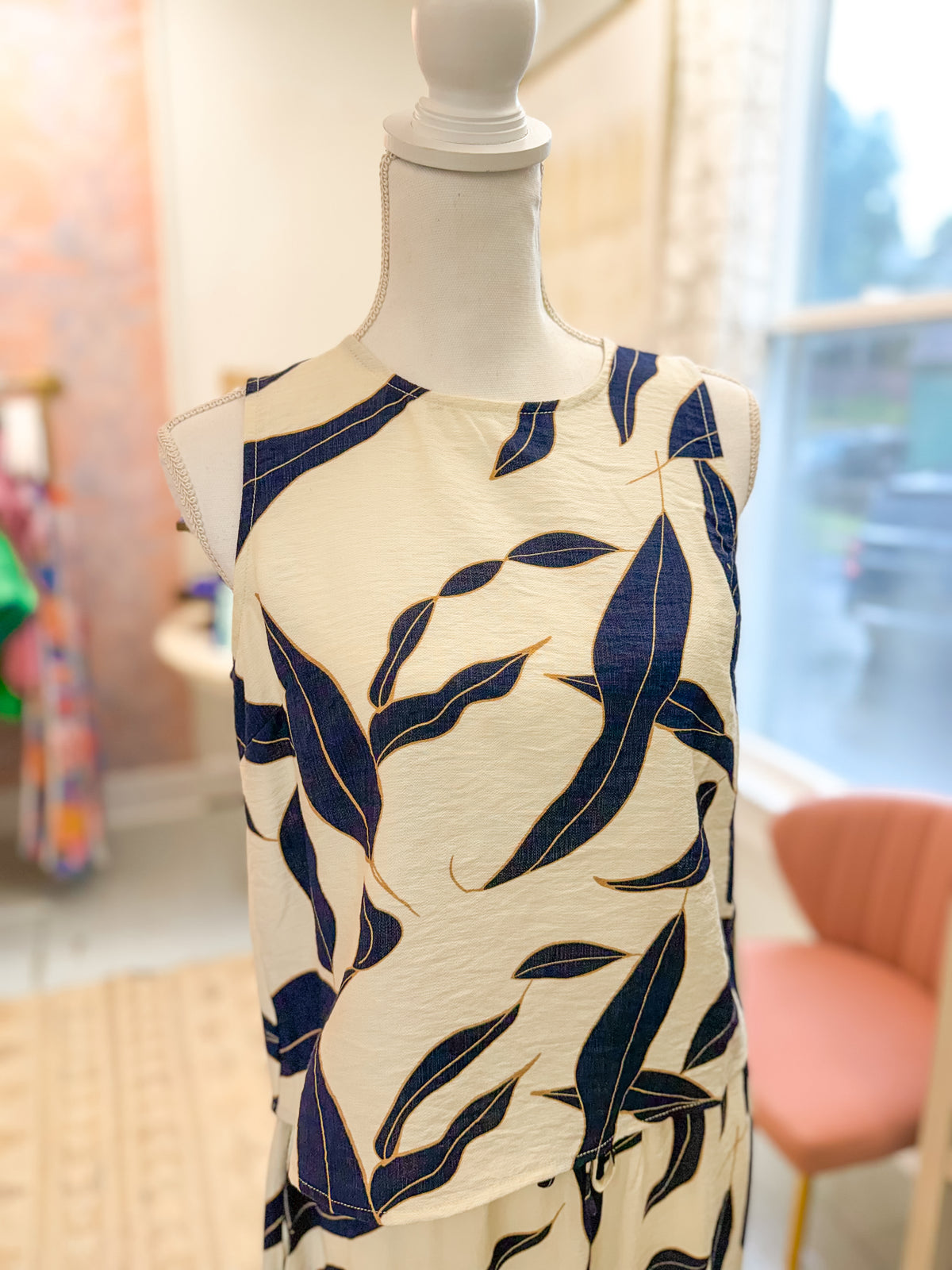 Navy Leaf Print Back Button Sleeveless Top