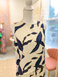 Navy Leaf Print Back Button Sleeveless Top