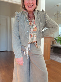 Stripe Ruffle Button Down Shirt - Latte Combo