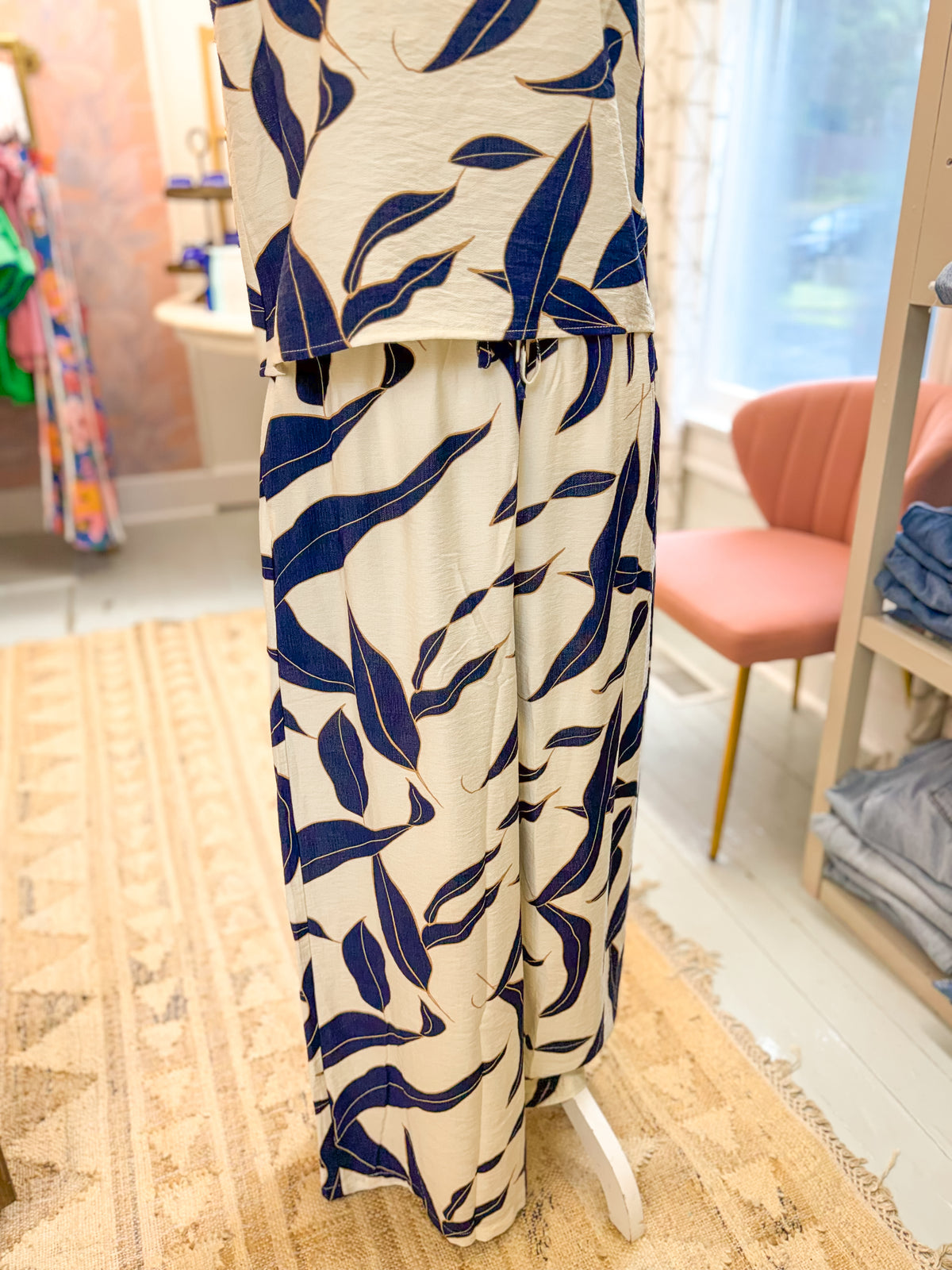 Navy Leaf Print Elastic Waist Pant