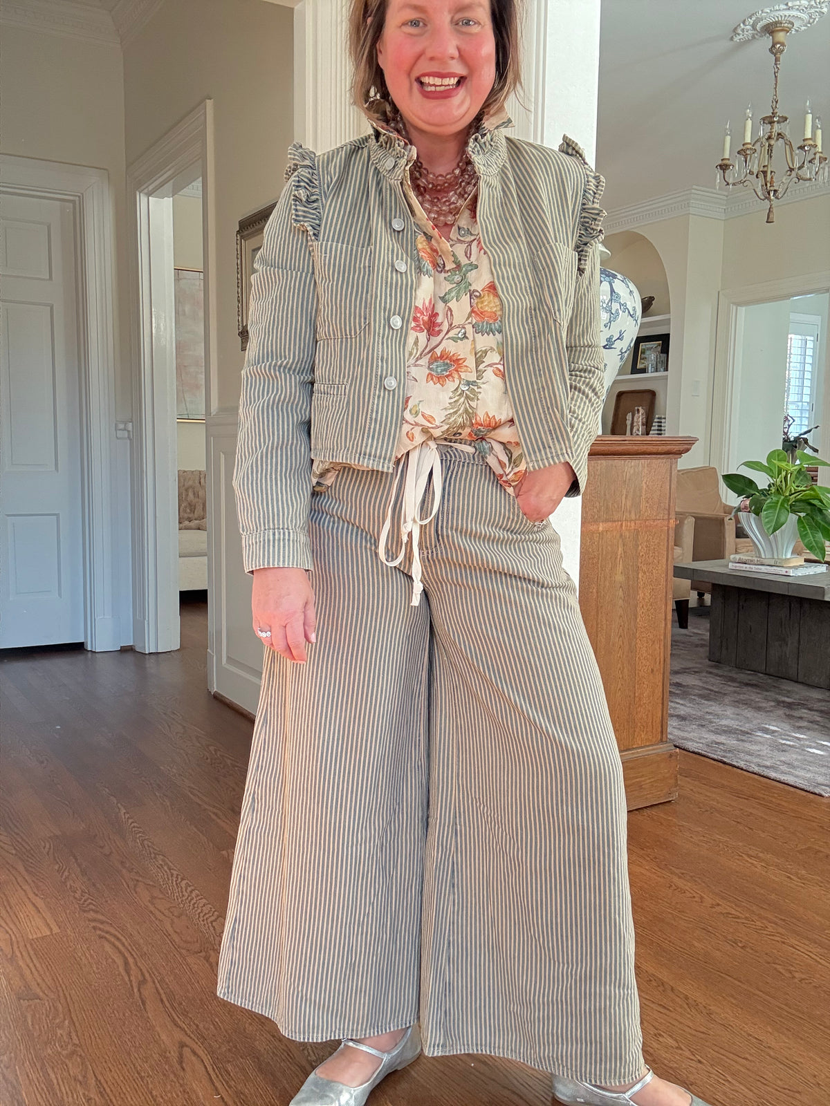 Stripe Drawstring Wide Leg Pant - Latte Combo