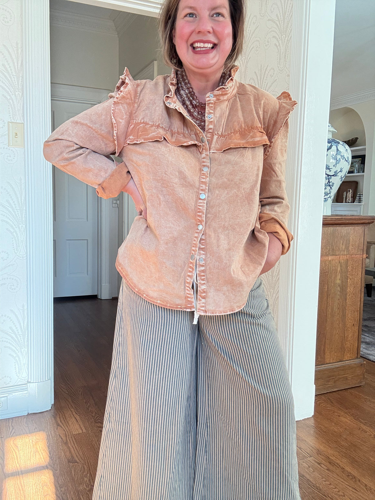 Ruffle Details Button Down Vintage Washed Out Shirt - Camel Tone