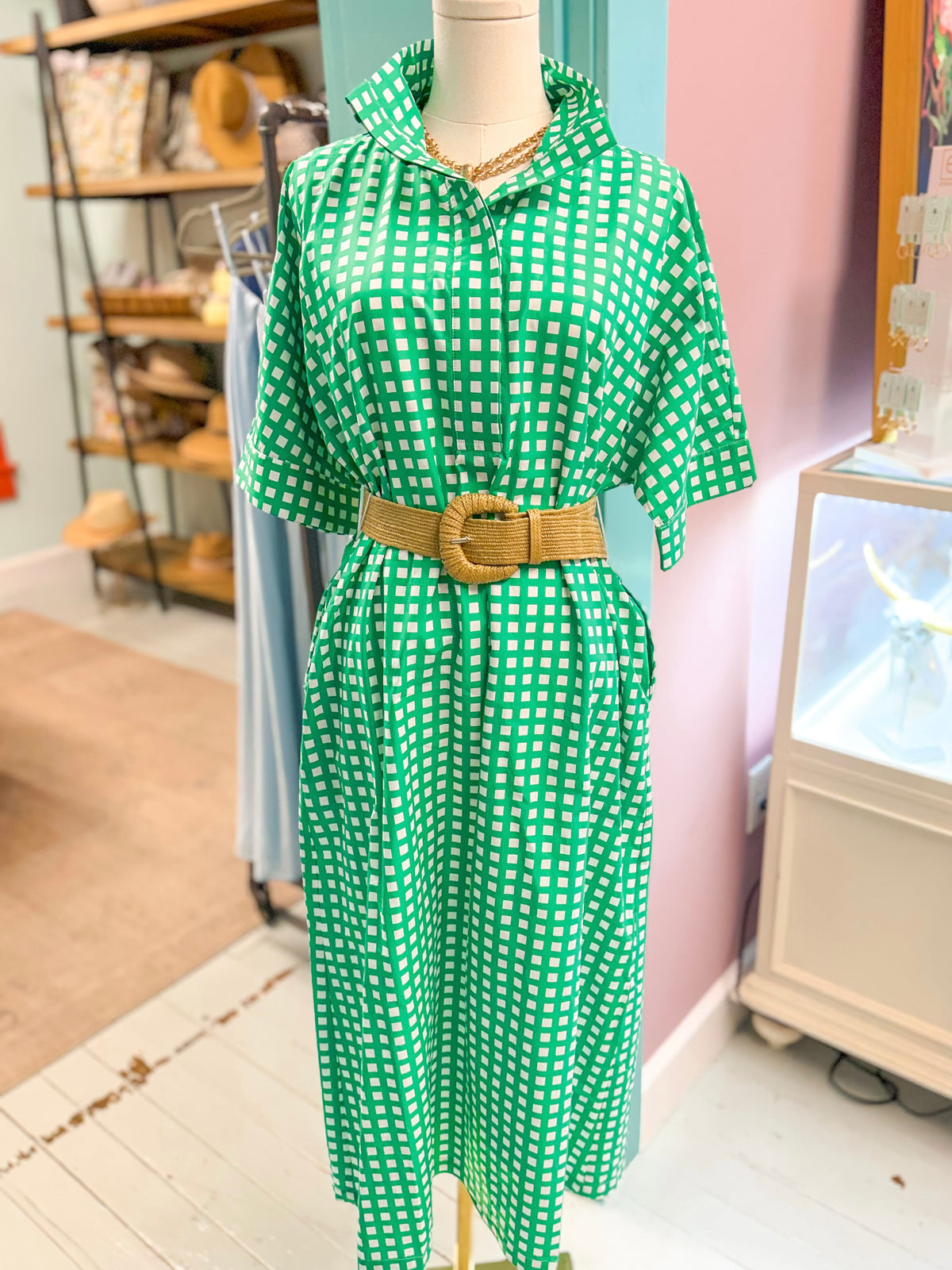Green Gingham Midi Shirt Dress with Waist Belt