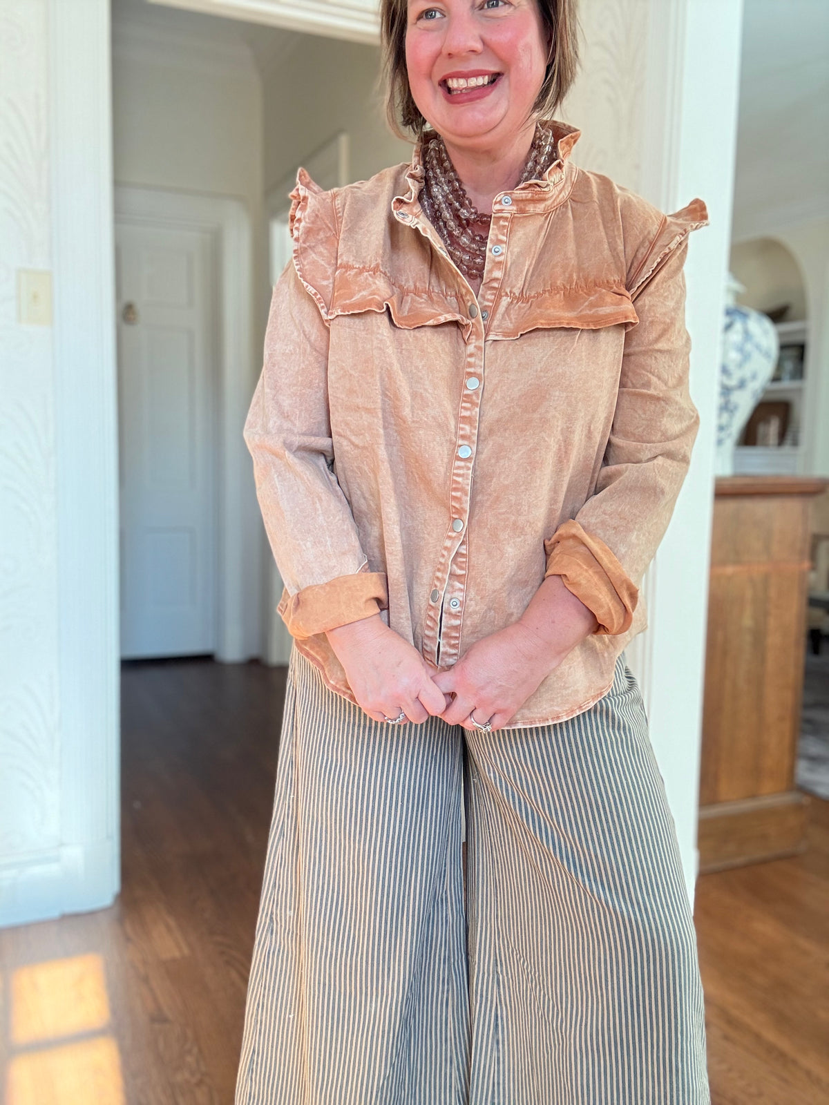 Stripe Drawstring Wide Leg Pant - Latte Combo