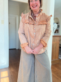 Ruffle Details Button Down Vintage Washed Out Shirt - Camel Tone