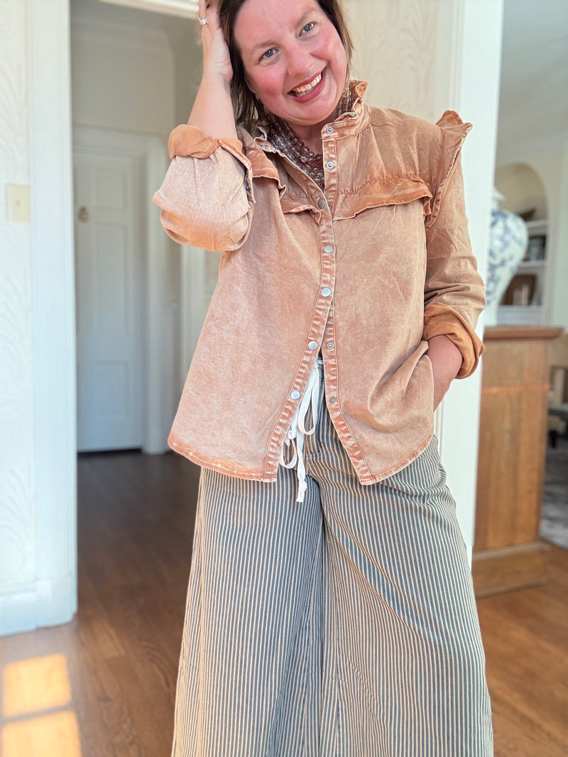 Ruffle Details Button Down Vintage Washed Out Shirt - Camel Tone