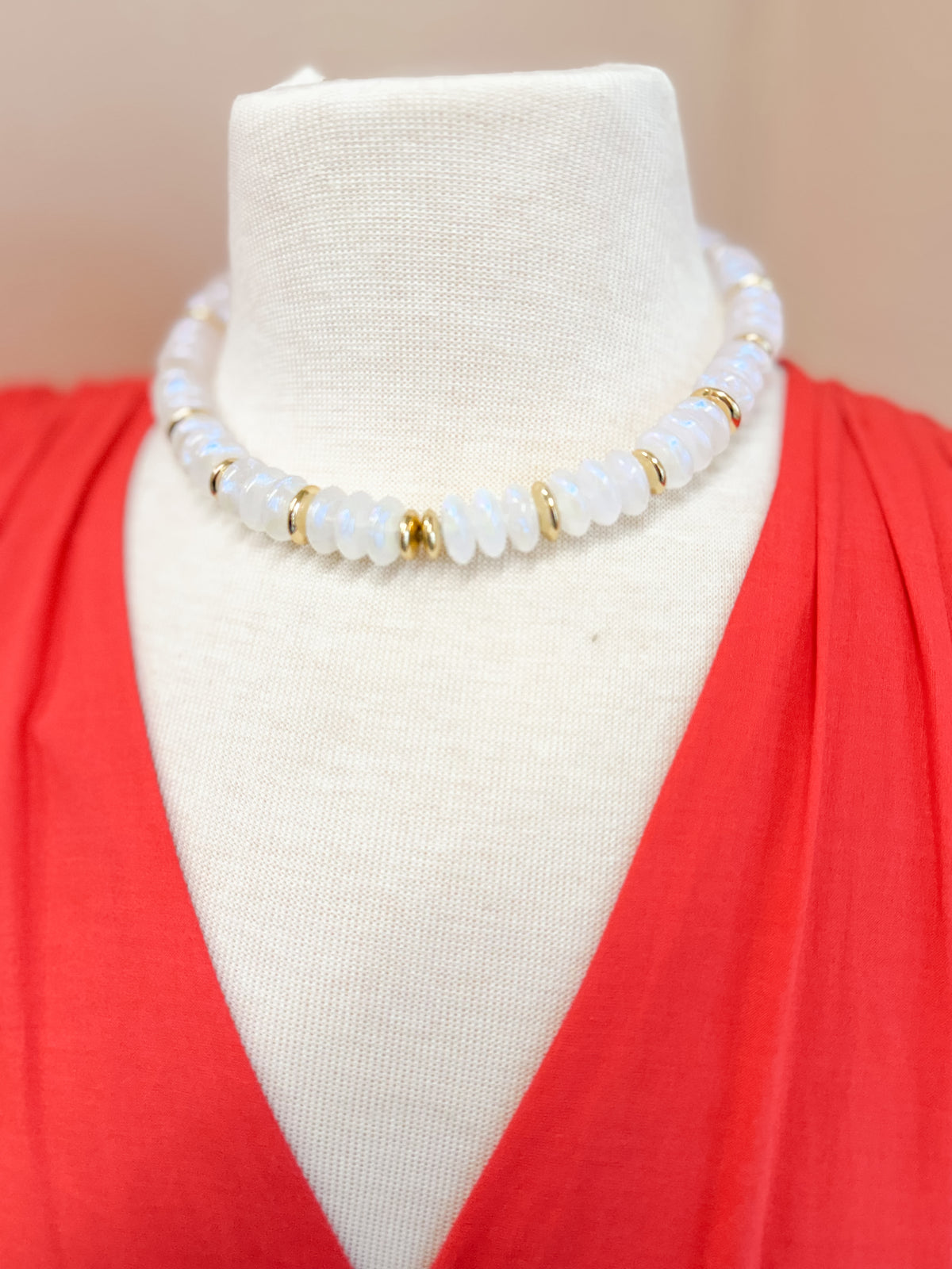 White Disc Bead Necklace with Gold Spacers
