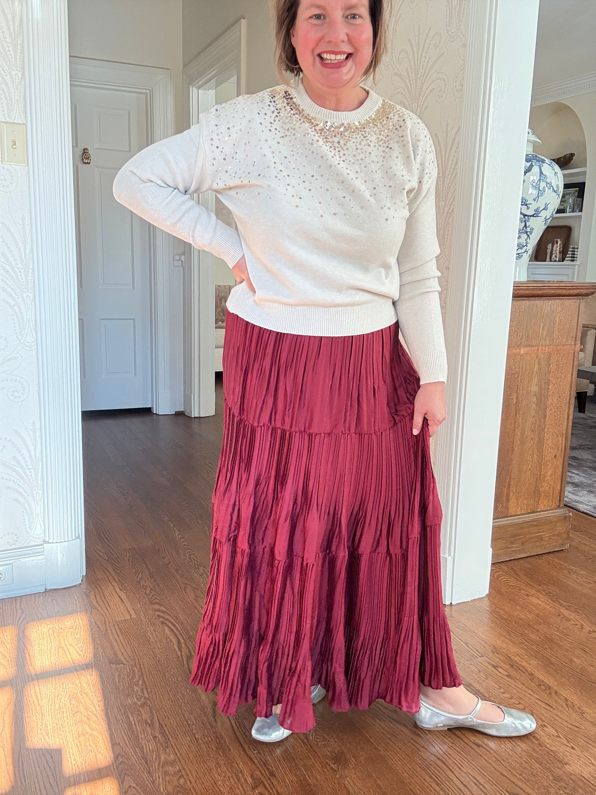 Special Pleated 3 Tiered Long Skirt - Burgundy