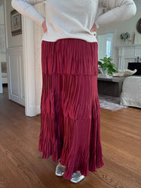 Special Pleated 3 Tiered Long Skirt - Burgundy