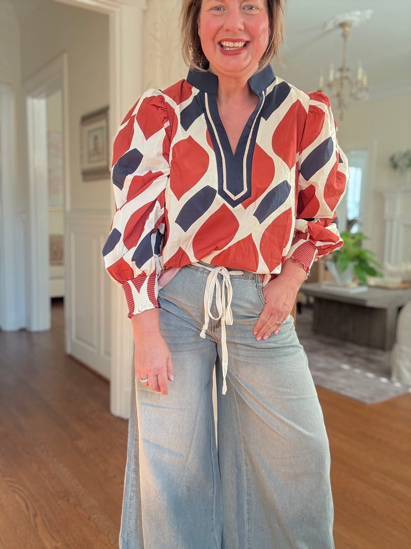 Retro Geo Print Blouse - Ecru Rust