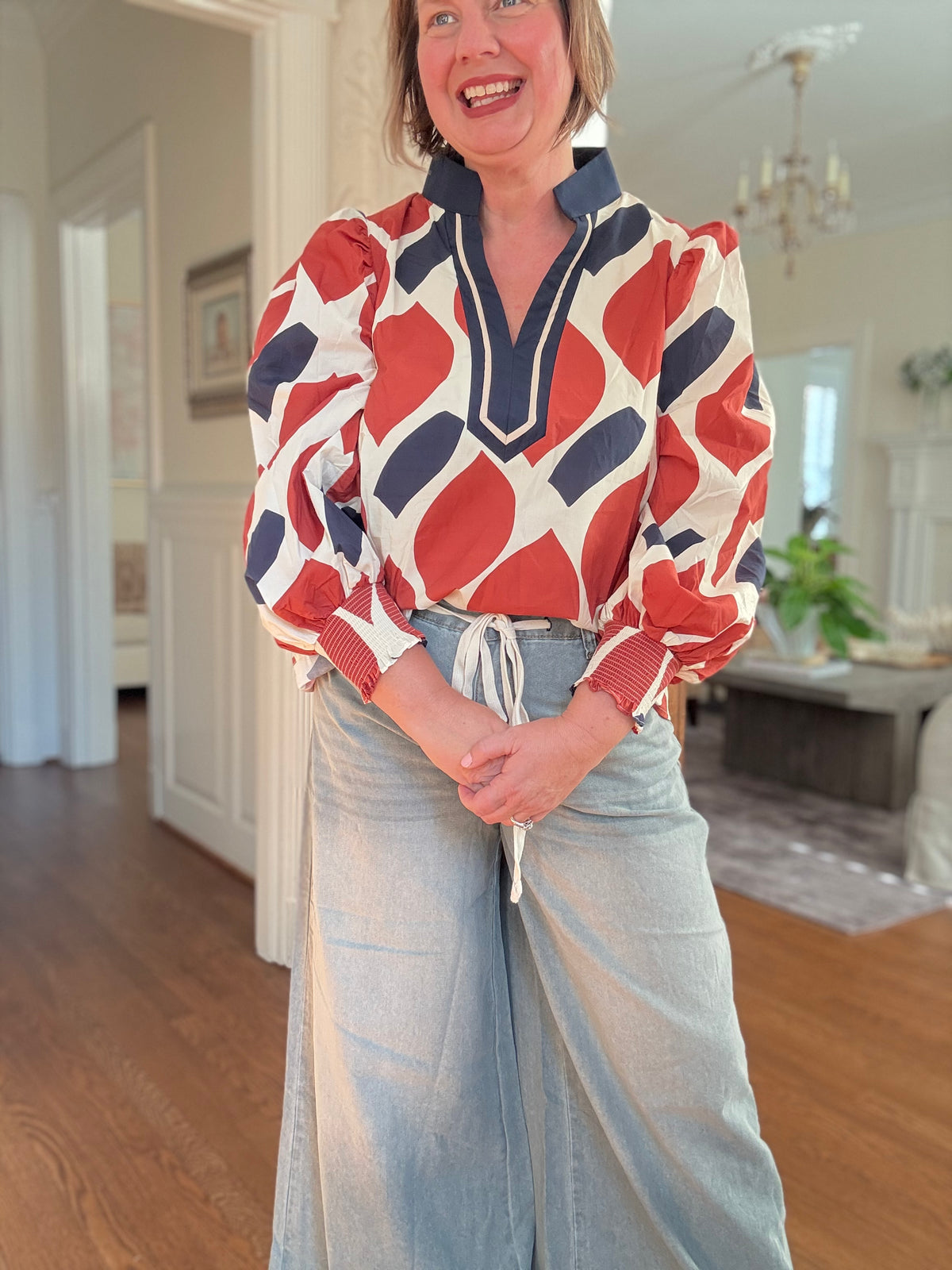 Retro Geo Print Blouse - Ecru Rust