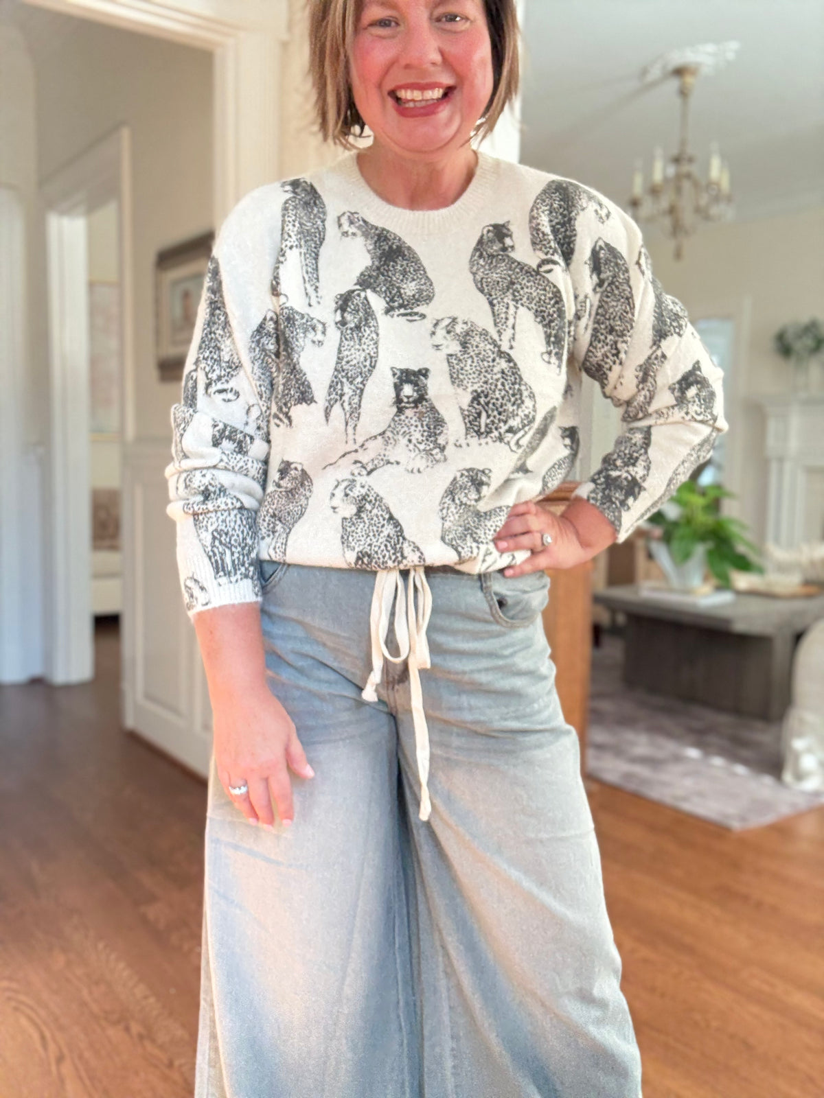 Chic Animal Print Cream Knit Sweater