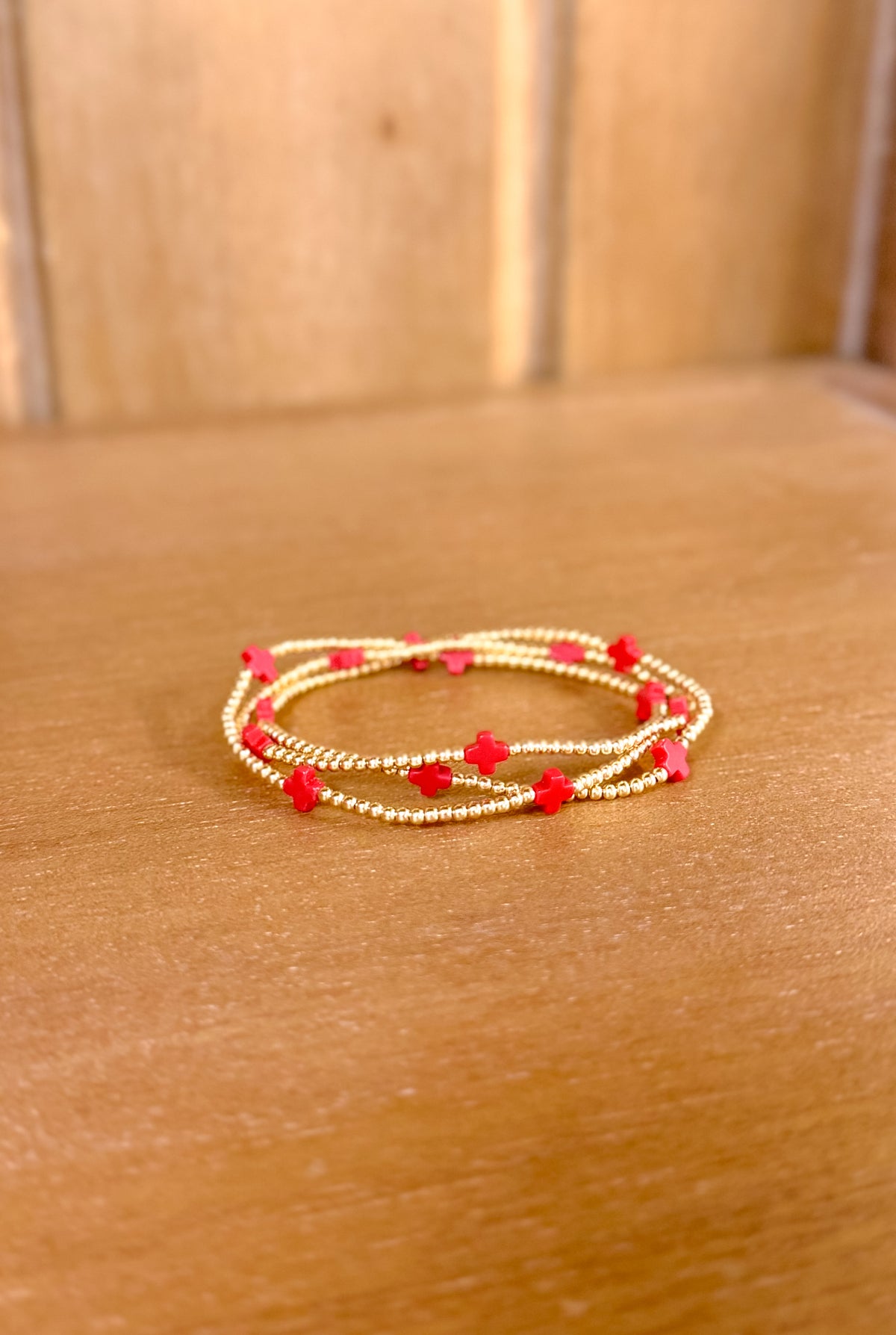 Signature Cross Small 2mm Gold Bracelet - Red