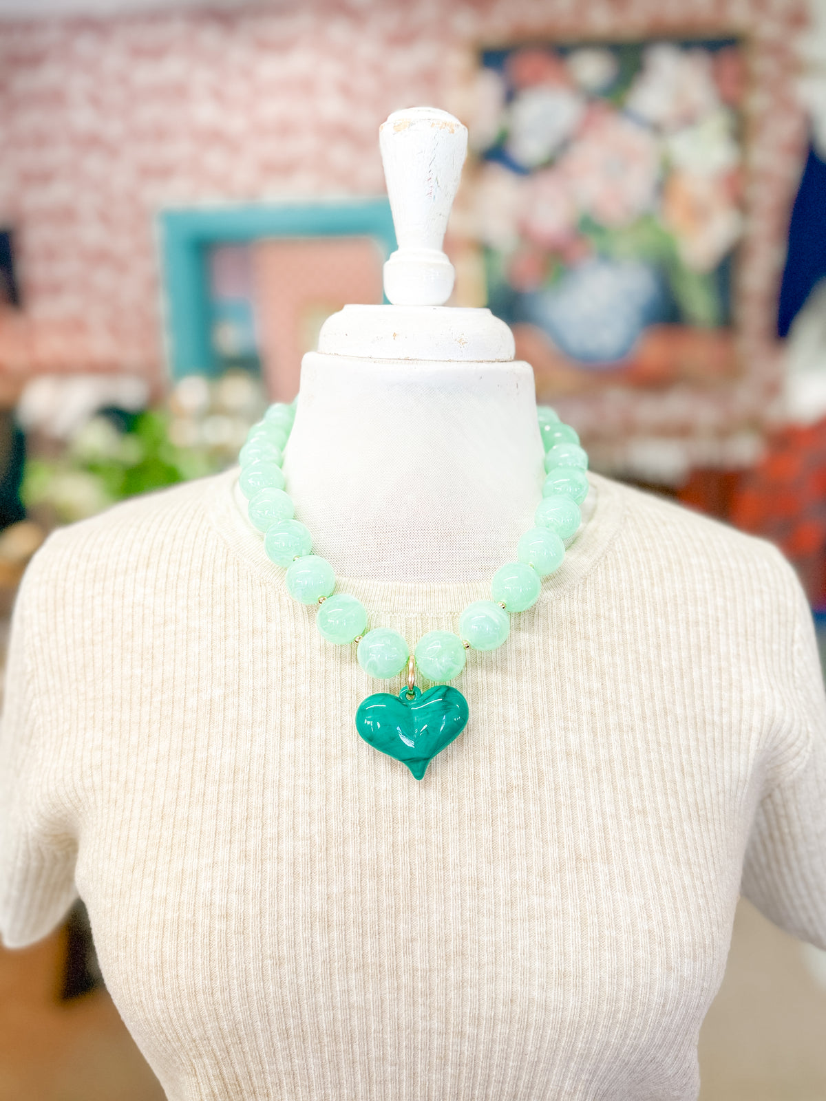 Mint Green Heart Bead Necklace