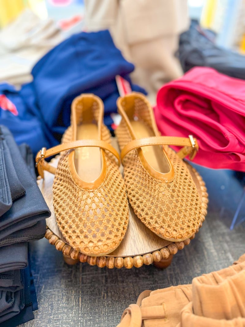 The Nolita Woven Mary Jane Flats with Adjustable Strap - Tan