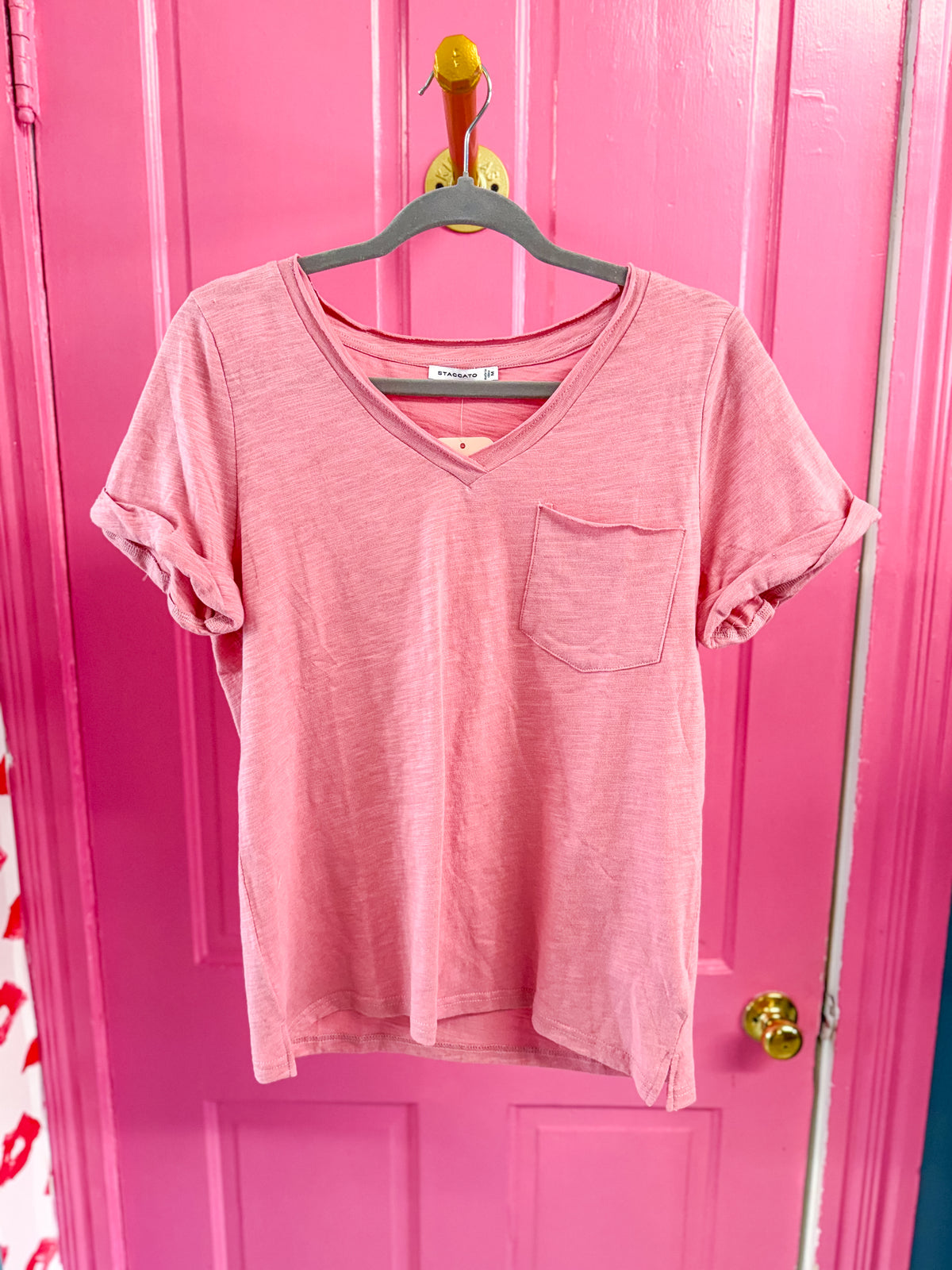 V-Neck Tee with Twisted Sleeve - Pink Blush