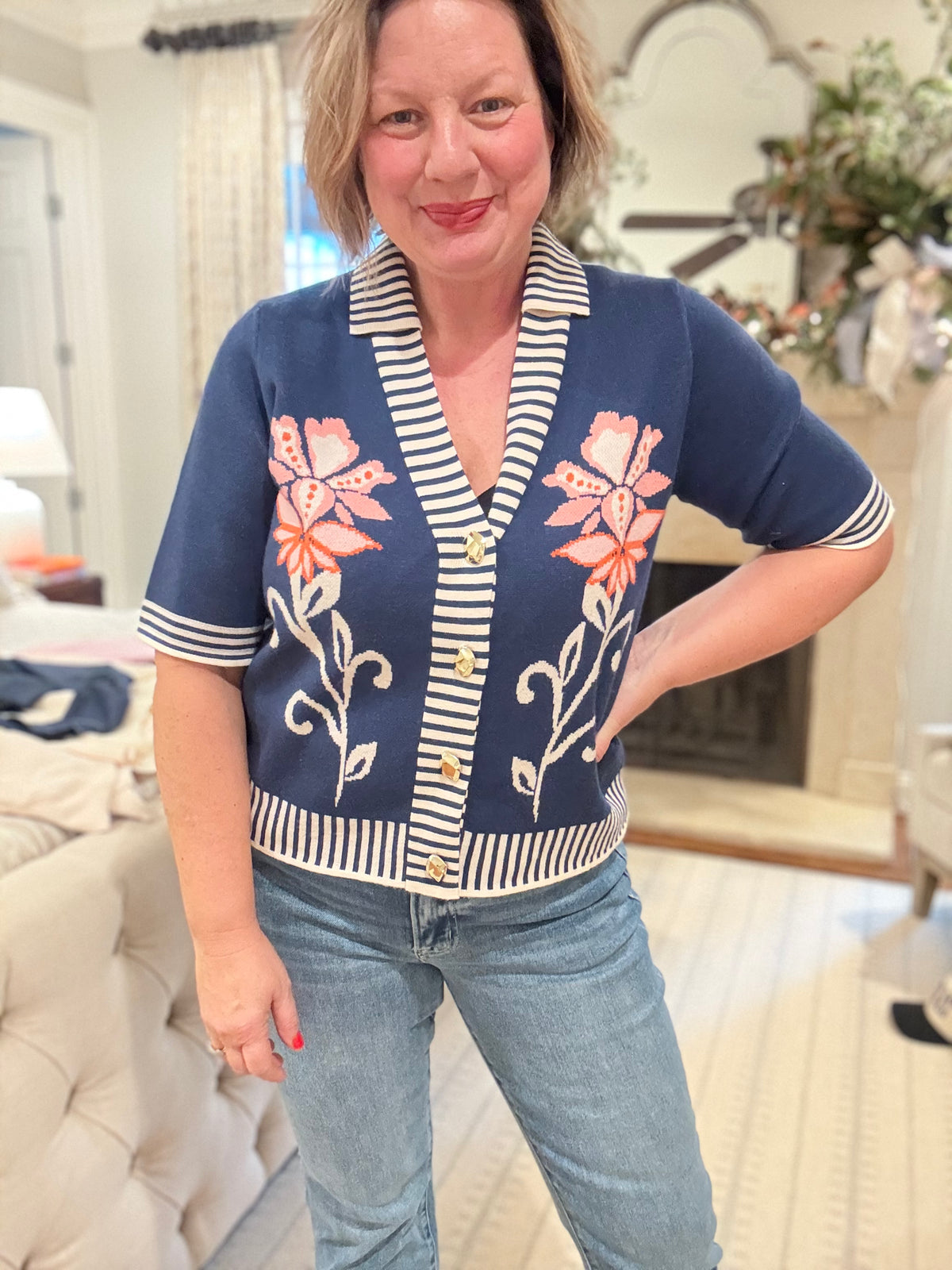 Navy Floral Embroidered Cardigan Top