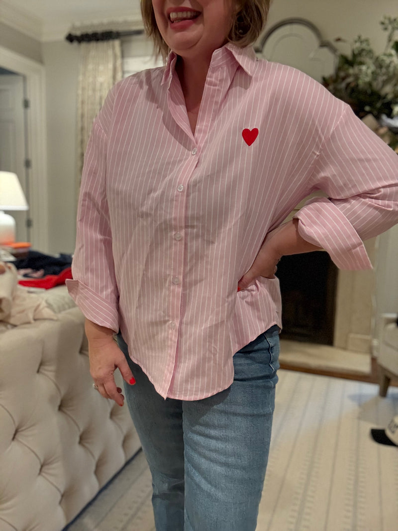 Pink Striped Shirt with Red Heart Embroidery