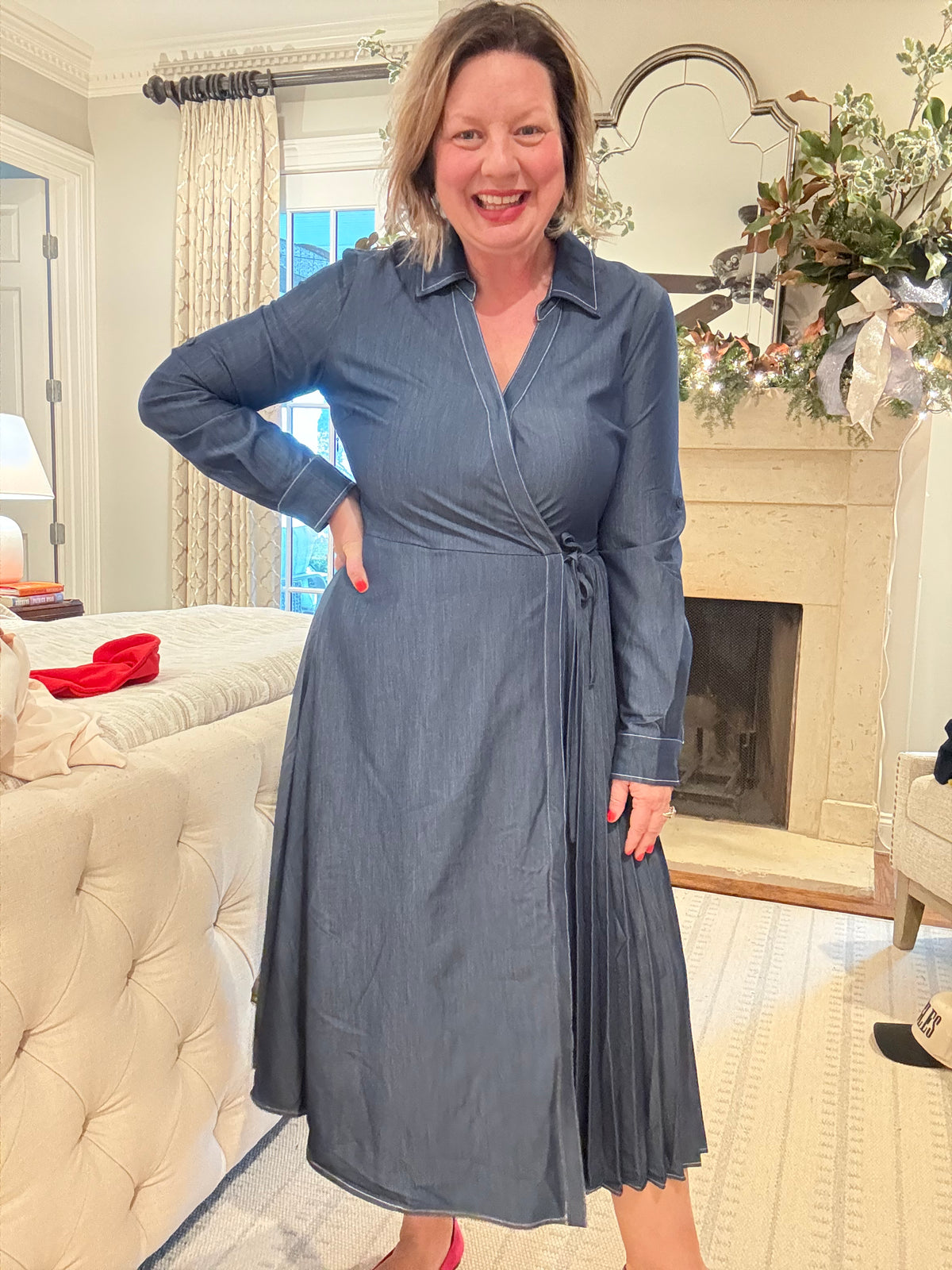 Chambray Wrap Front Long Sleeve Dress
