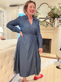 Chambray Wrap Front Long Sleeve Dress