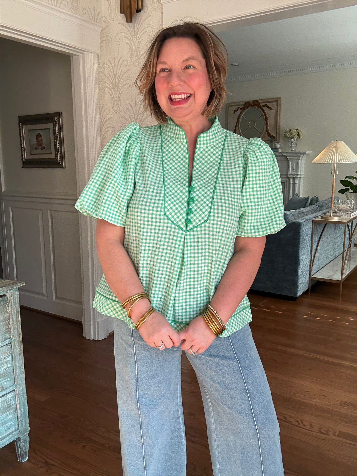 Gingham Puff Sleeve Top