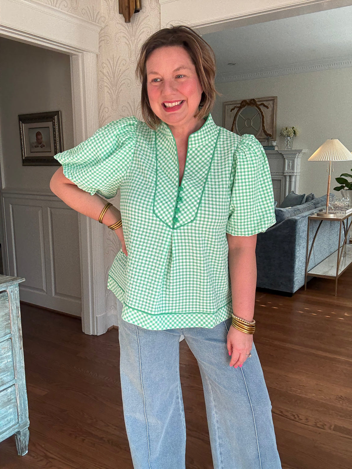 Gingham Puff Sleeve Top