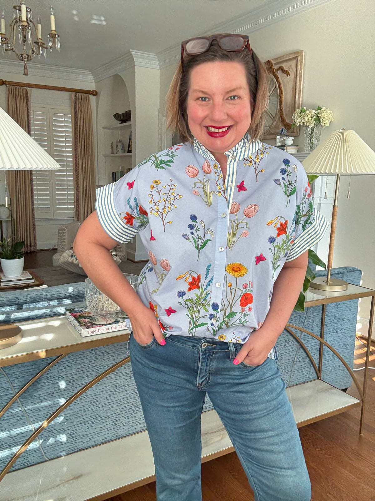 Pastel Floral Short Sleeve Top (Blue)