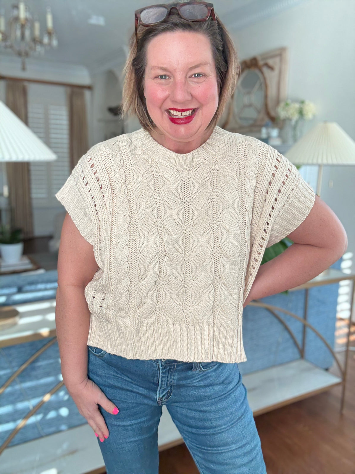 Cable Knit Short Sleeve Sweater (Oatmeal)