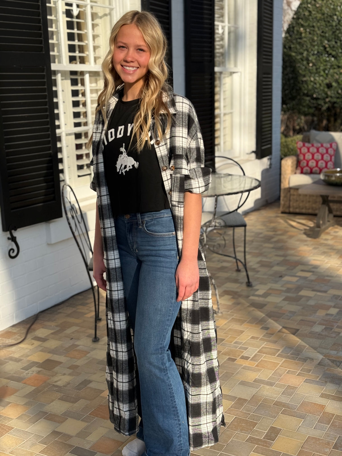 Black and White Plaid Long Lightweight Jacket