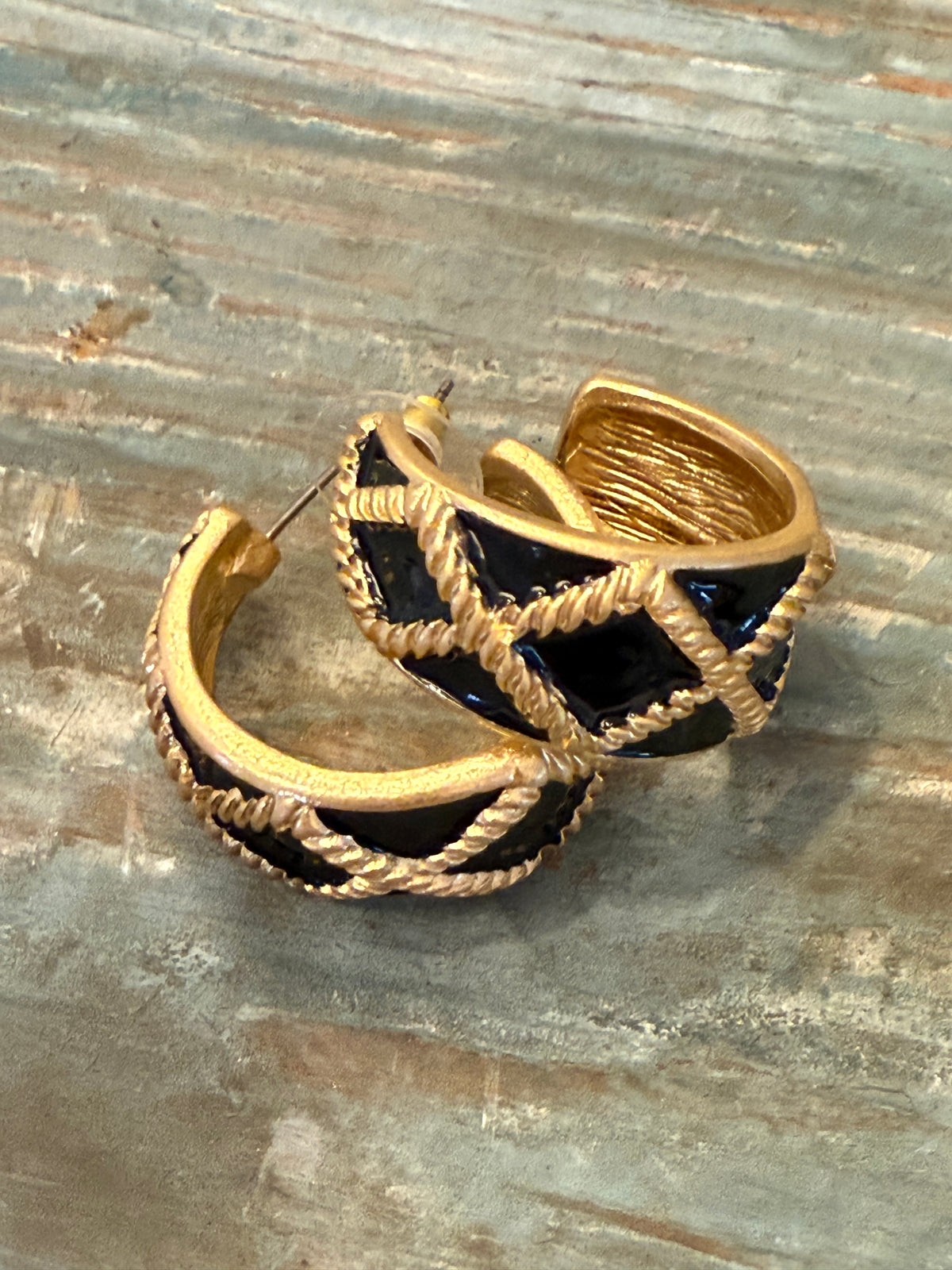 Black Enamel Lattice Hoop Earrings