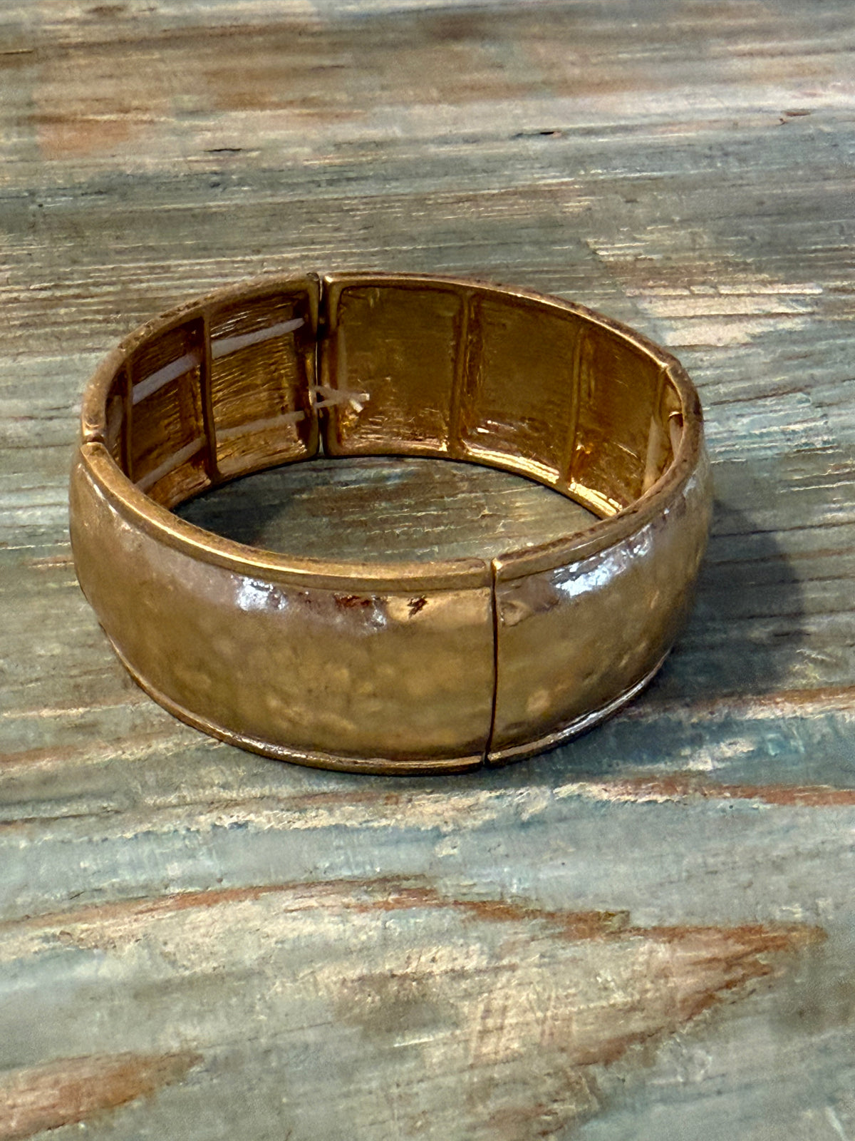 Wide Hammered Gold Stretch Bangle