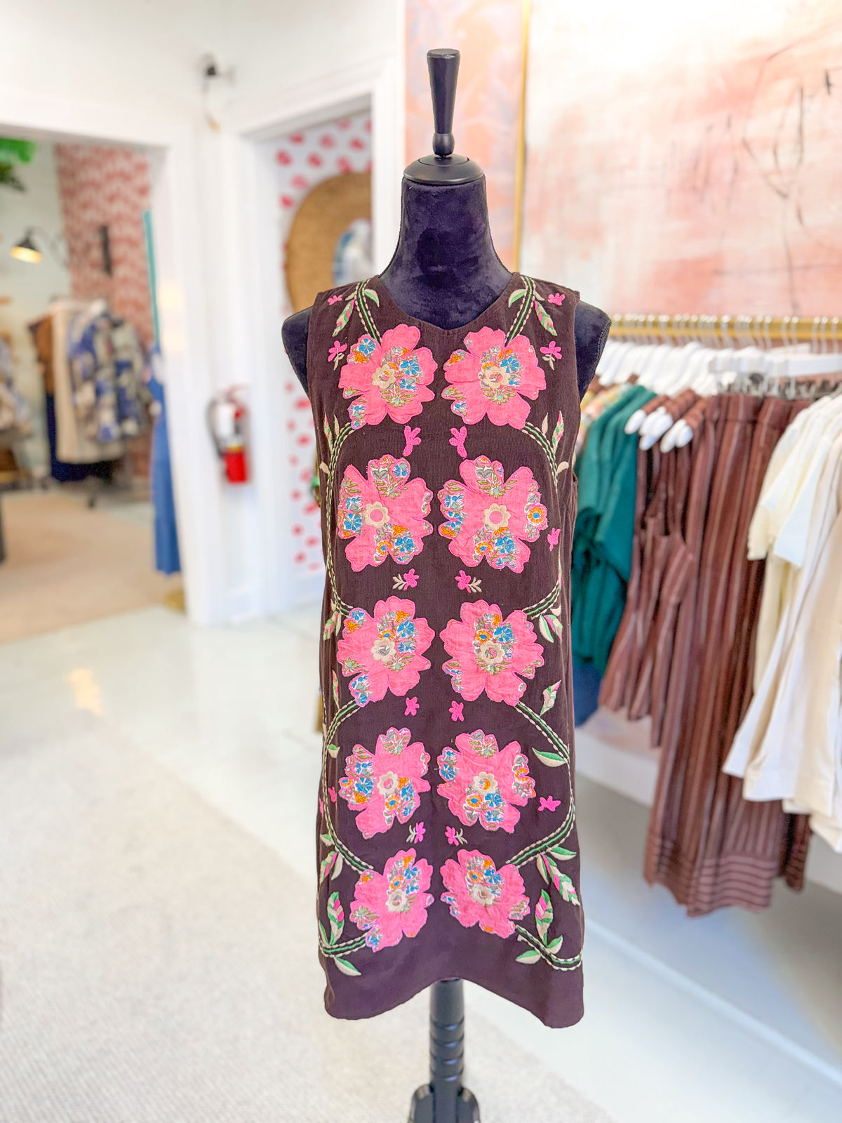 Corduroy Floral Embroidery Sleeveless Dress