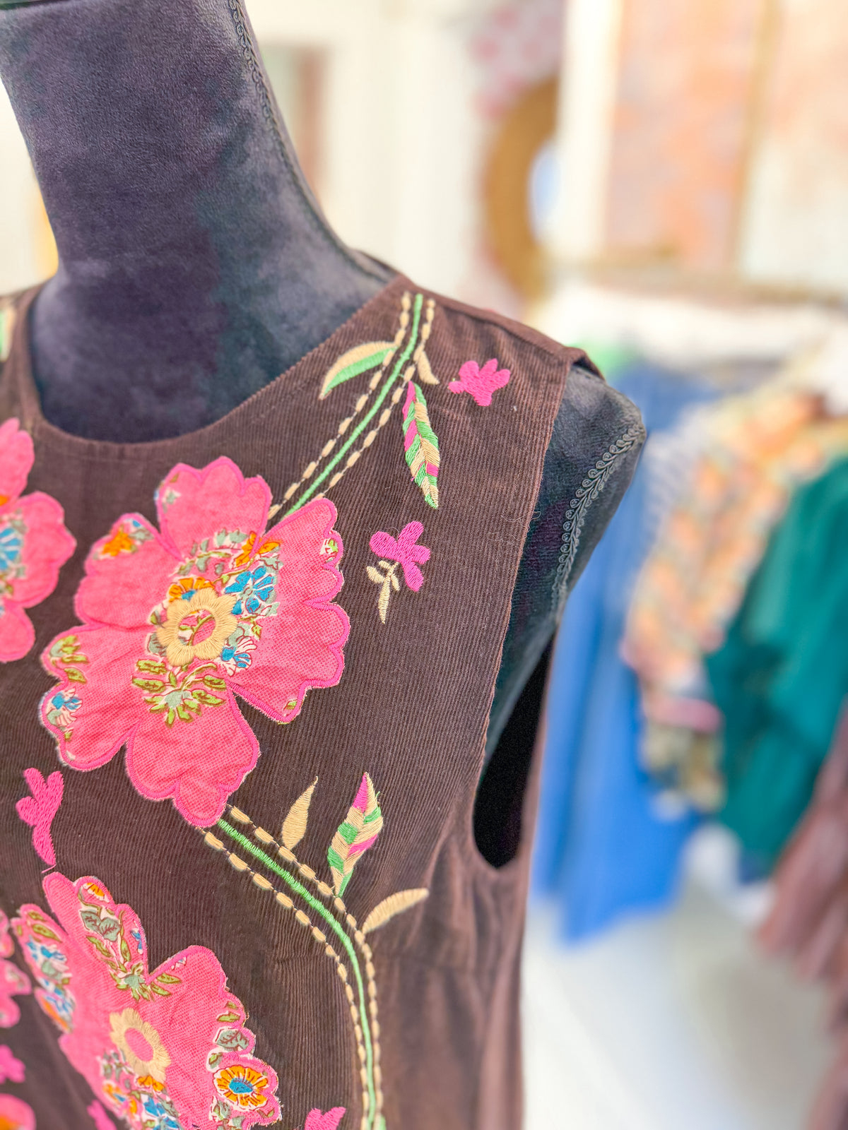 Corduroy Floral Embroidery Sleeveless Dress