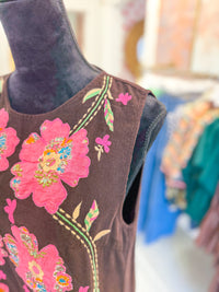 Corduroy Floral Embroidery Sleeveless Dress
