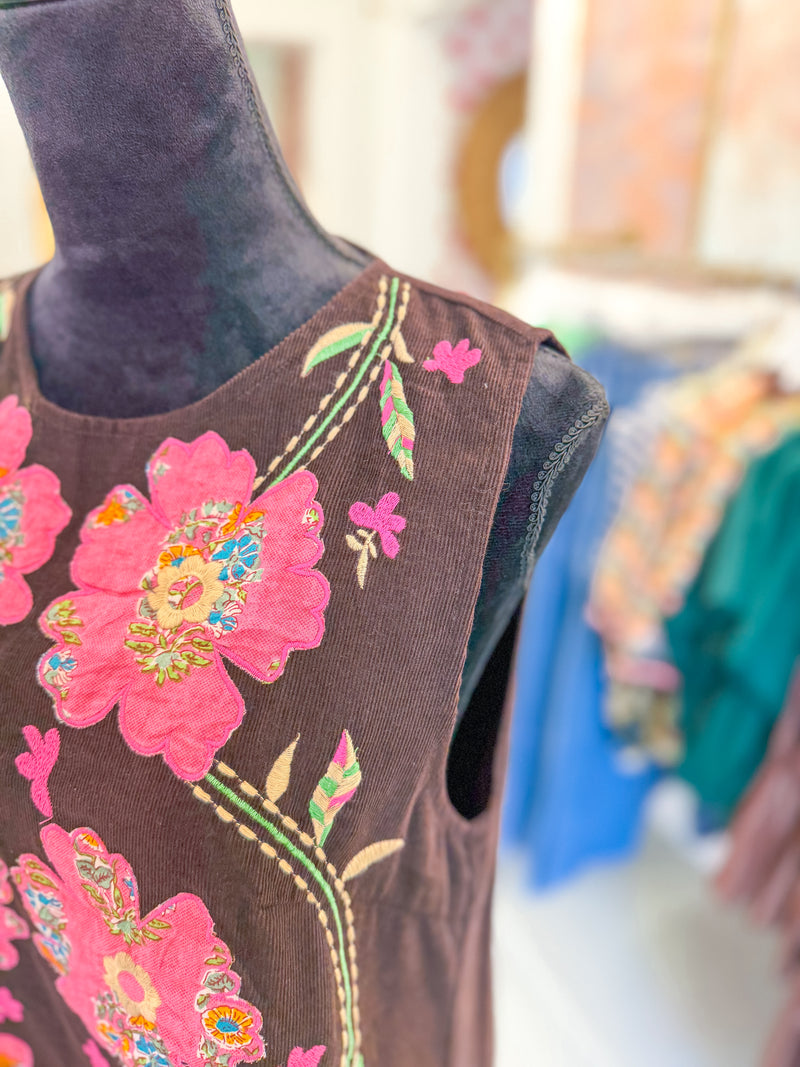 Corduroy Floral Embroidery Sleeveless Dress