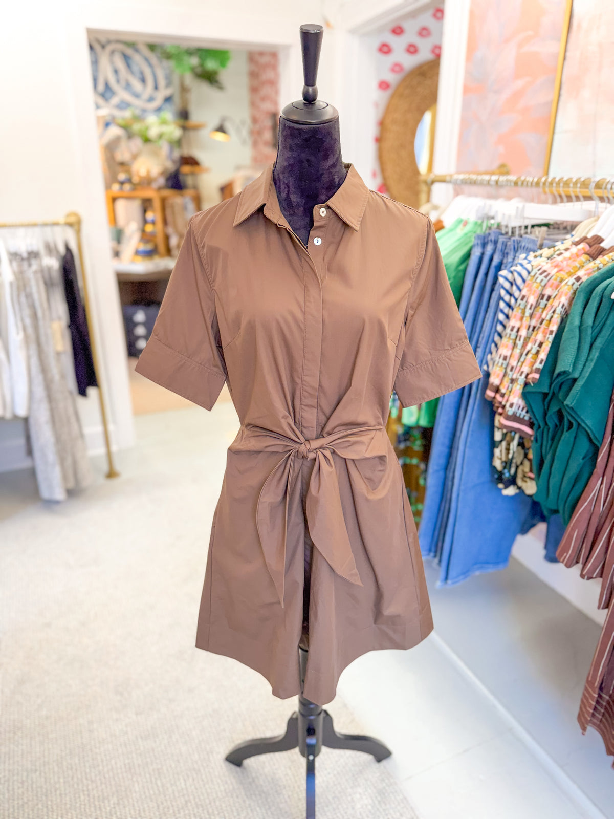 Tie-Front Button Down Brown Mini Dress
