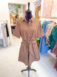 Tie-Front Button Down Brown Mini Dress