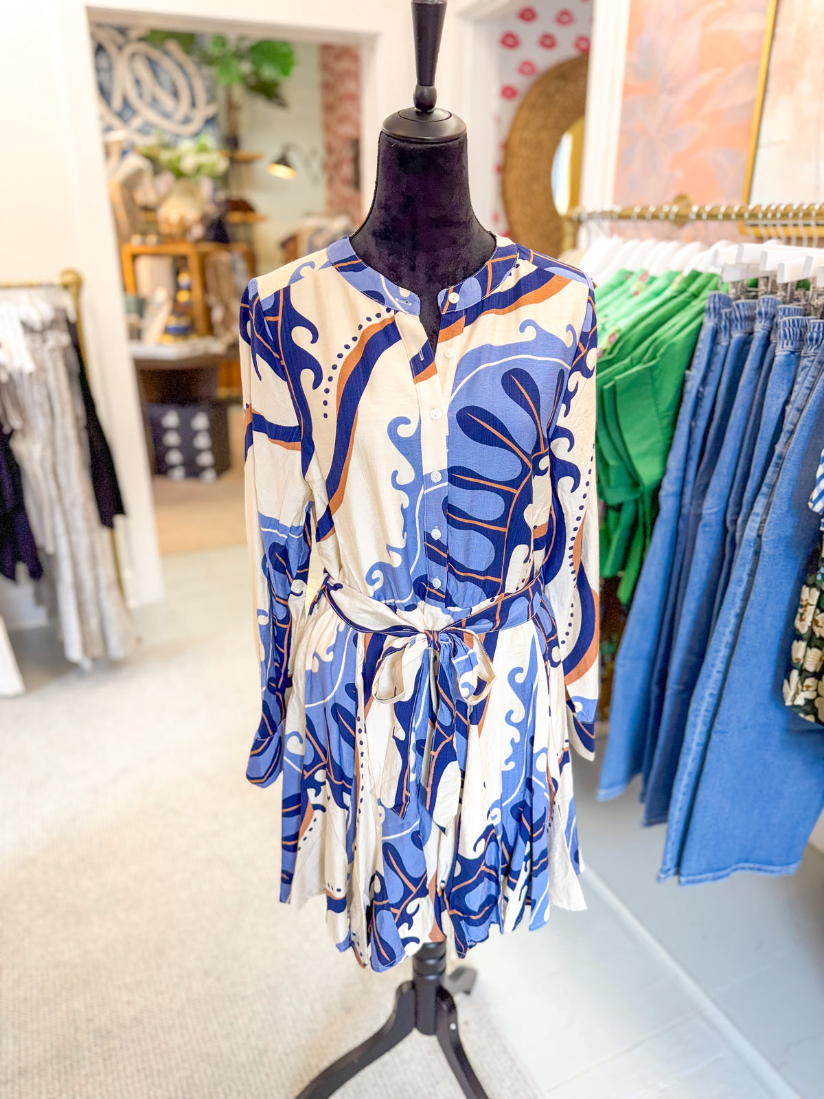 Blue and Cream Abstract Pattern Dress