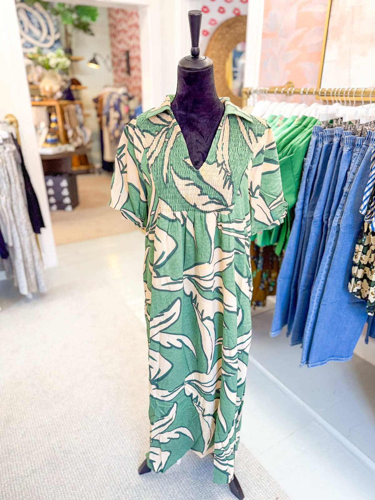 Green Geometric Print Maxi Dress