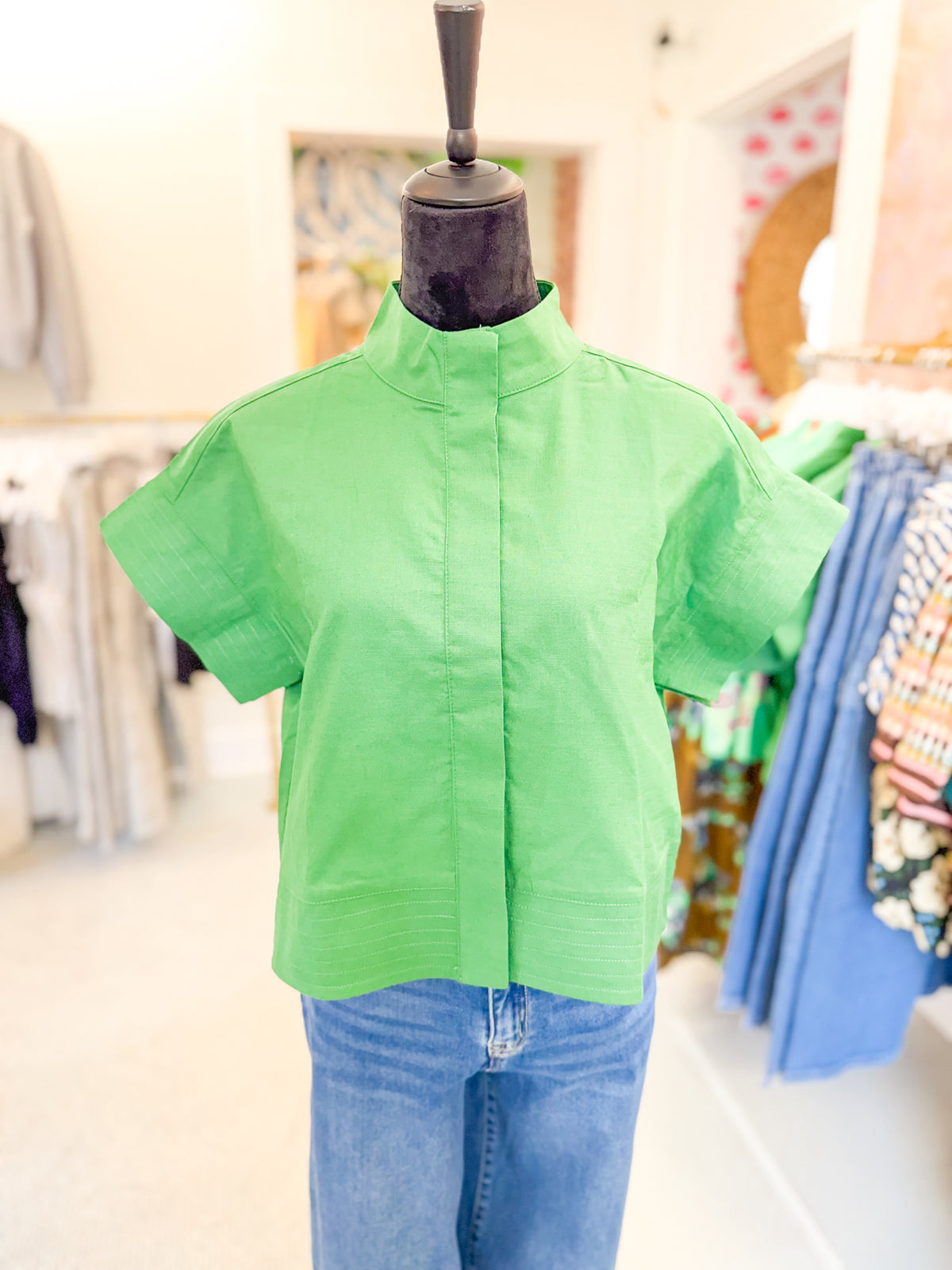 Cotton Linen Mock Neck Top - Green