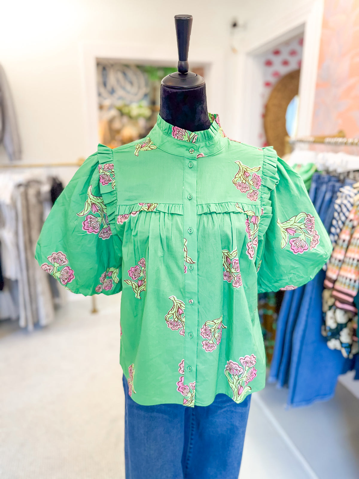 Puff Sleeve Floral Top - Green