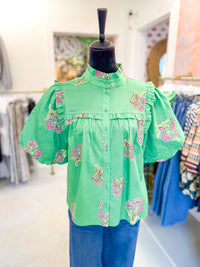 Puff Sleeve Floral Top - Green