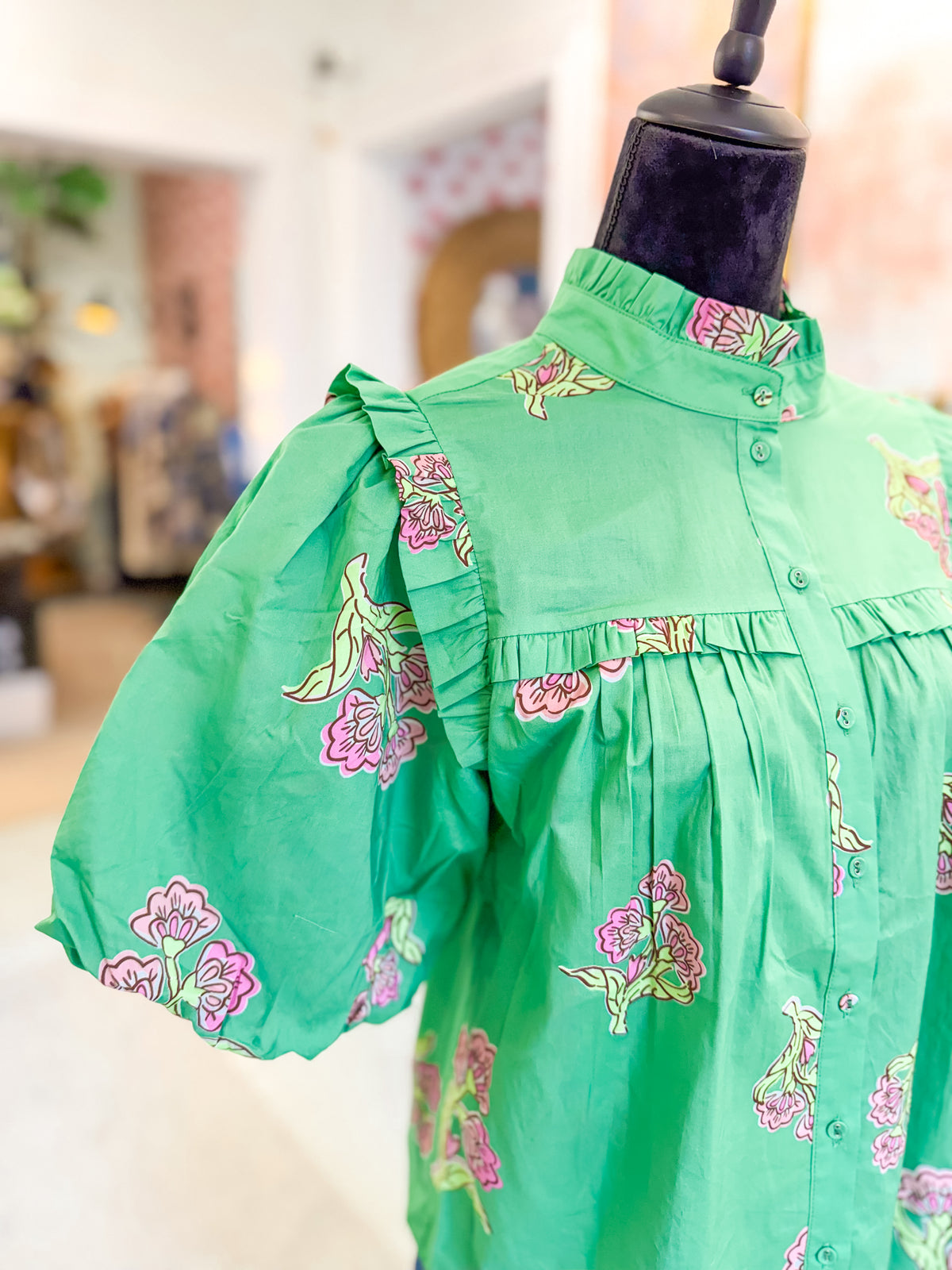 Puff Sleeve Floral Top - Green