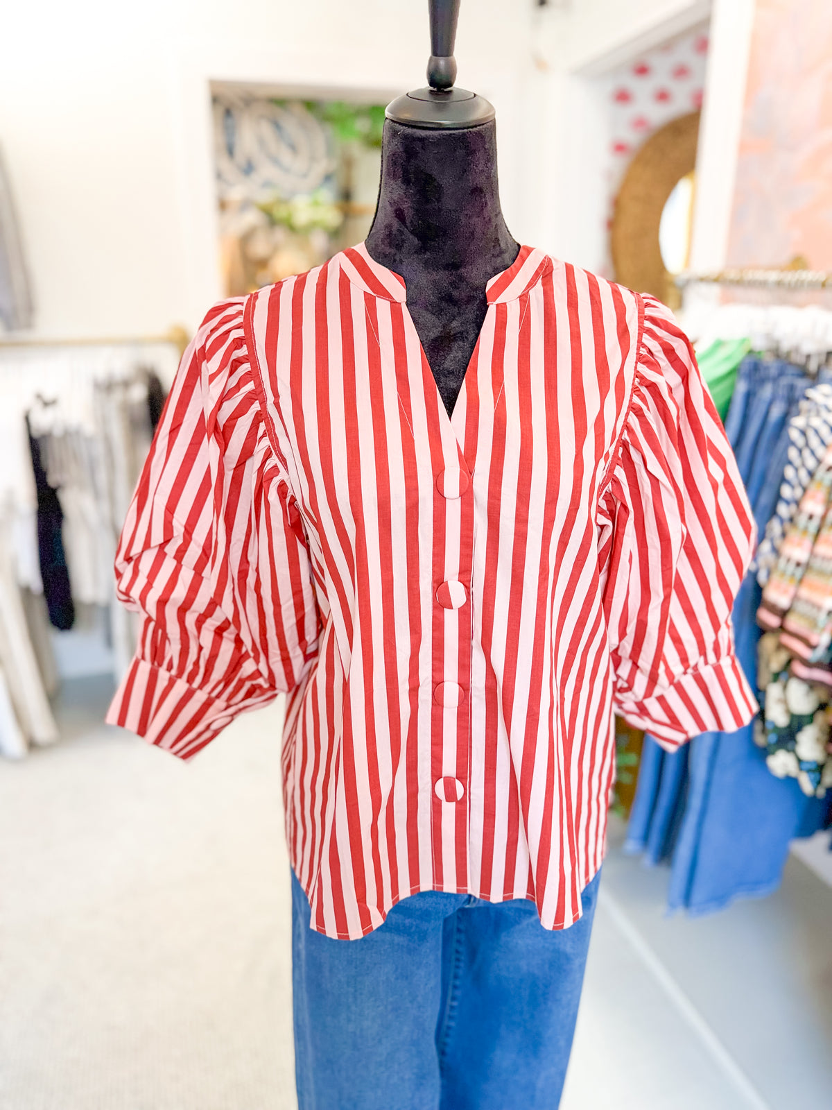 Pink and Burgundy Stripe Bishop Sleeve Blouse