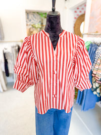 Pink and Burgundy Stripe Bishop Sleeve Blouse