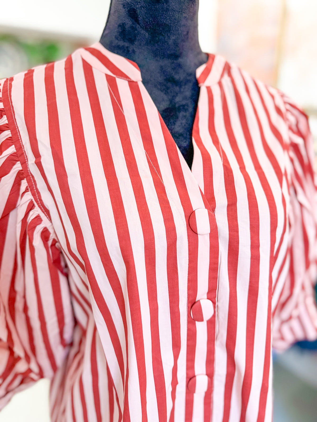 Pink and Burgundy Stripe Bishop Sleeve Blouse