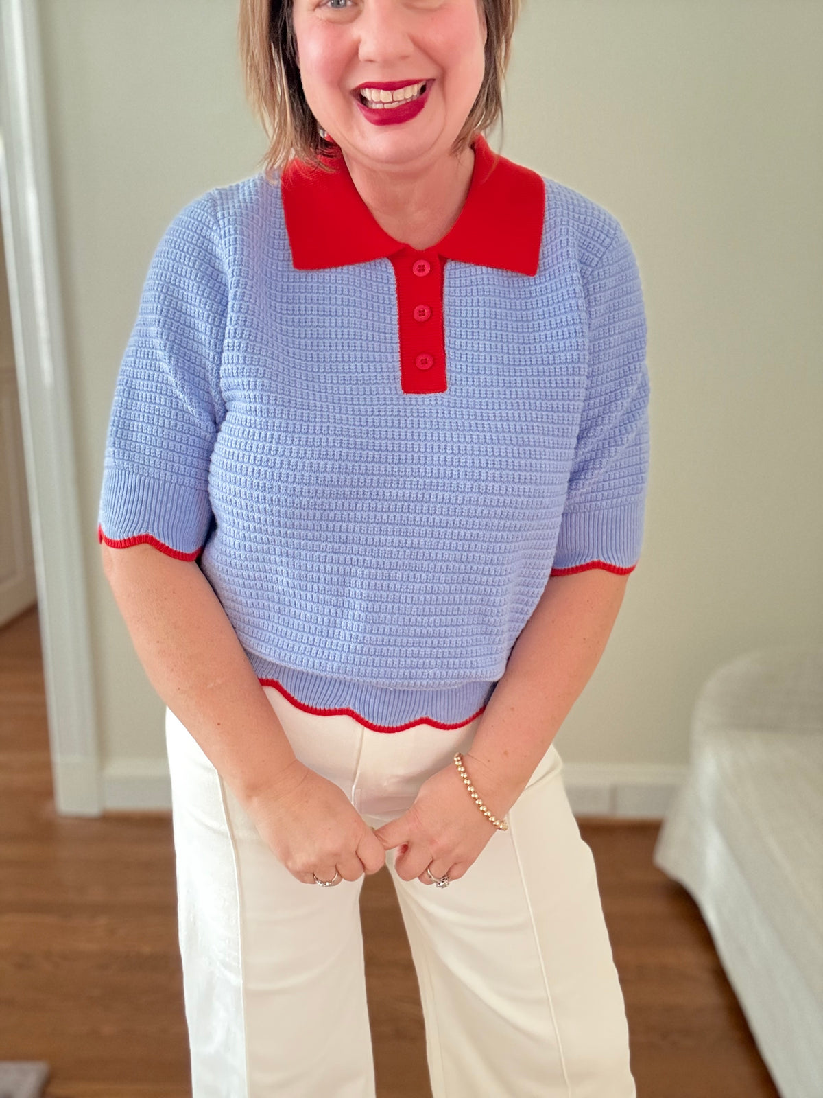 Collared Short Sleeve Knit Top