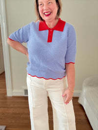 Collared Short Sleeve Knit Top