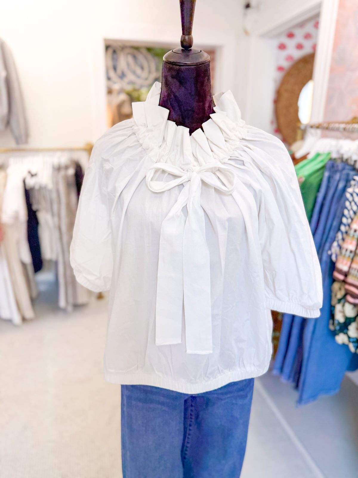White Cotton Gathered Tie Neck Blouse