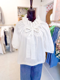 White Cotton Gathered Tie Neck Blouse